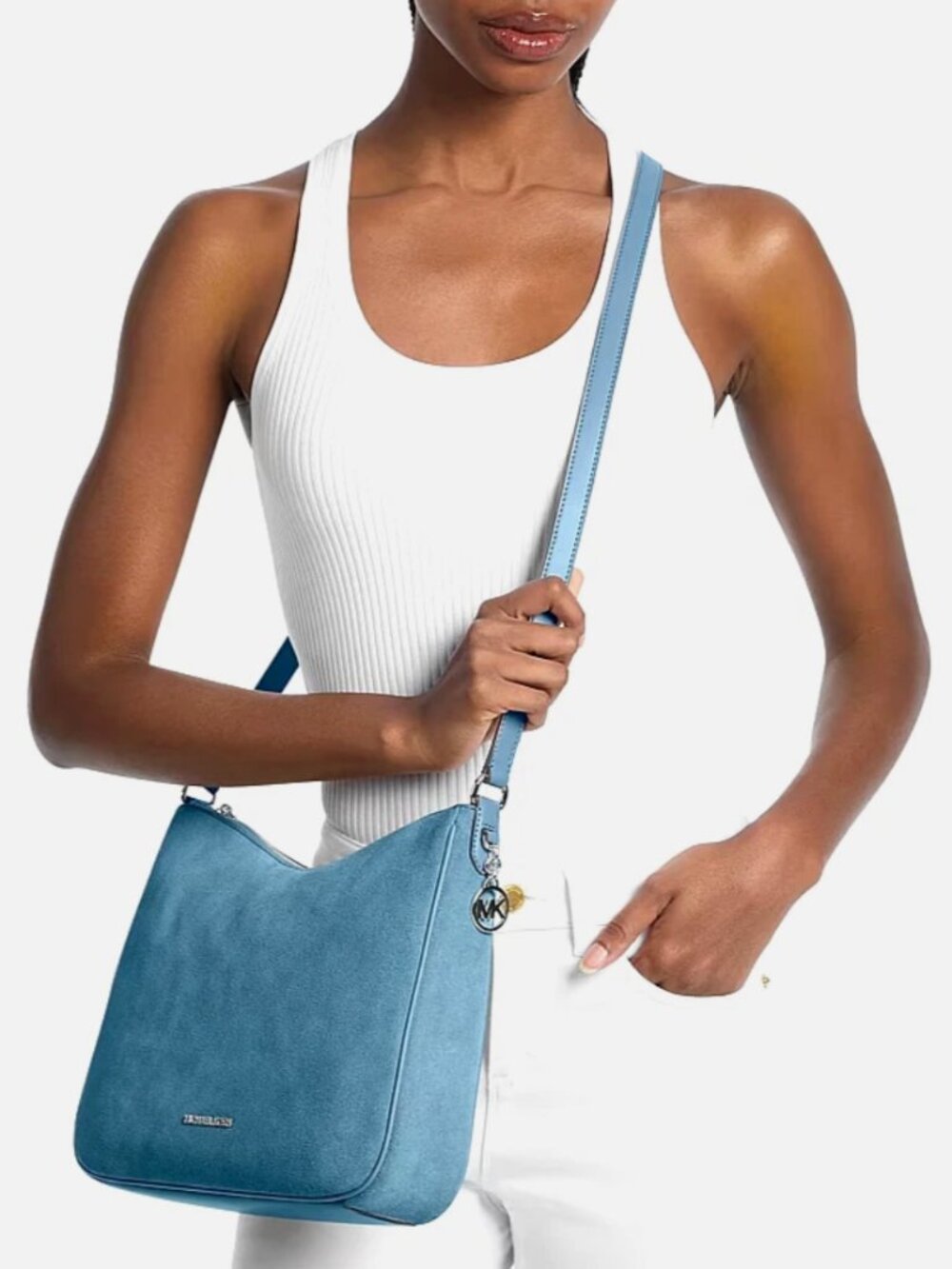 New Michael Kors Nayla Medium Suede Messenger Shoulder Bag Denim